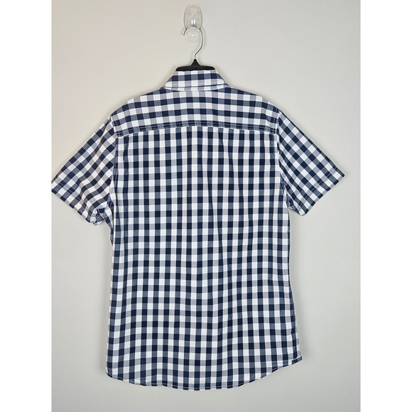 Abercrombie Fitch Mens Short Sleeve Gingham Button Down Shirt Navy White Size L - Picture 2 of 6
